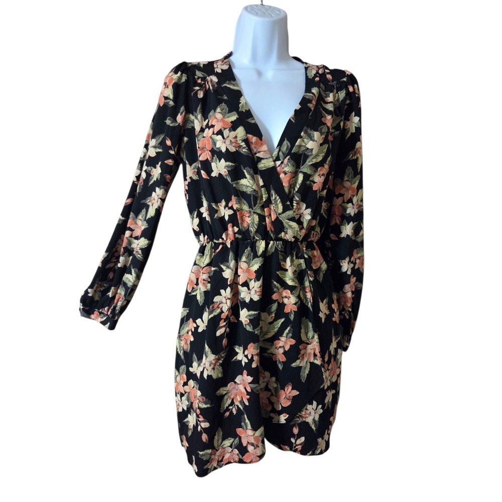 Akira Chicago Black Label Silky V-Neck Floral Black Peach Blouson Mini Dress S